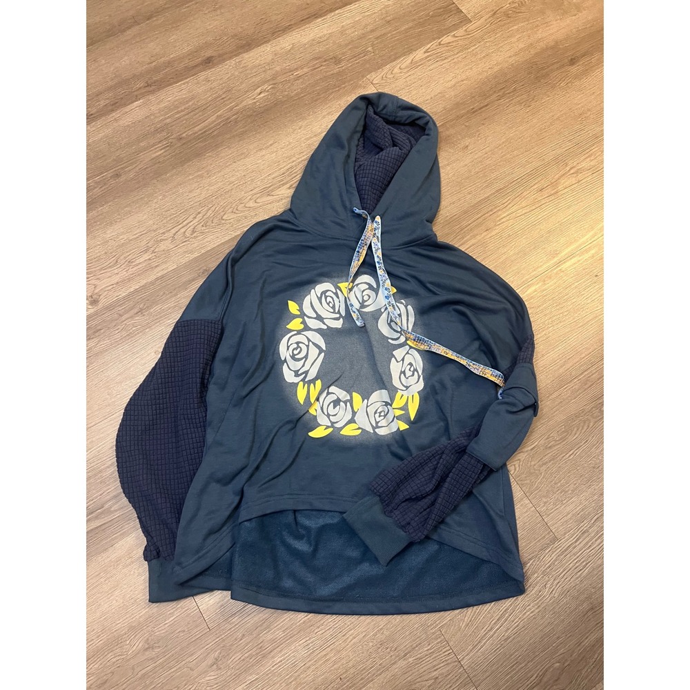 Blue Rose Graphic Mixed Media Hoodie Waffle Knit Sleeves Small